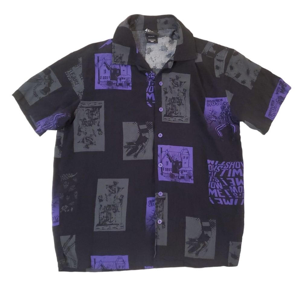 Beetlejuice Men's Iconic Moments Button Down Black Purple Shirt Size‎ Small - Picture 2 of 8
